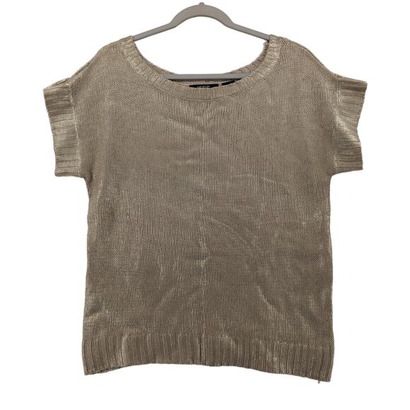 Verve Ami Sweater XL Gold Metallic Rib Knit Crew Neck Short Sleeve‎ Sparkle Work - Picture 8 of 8